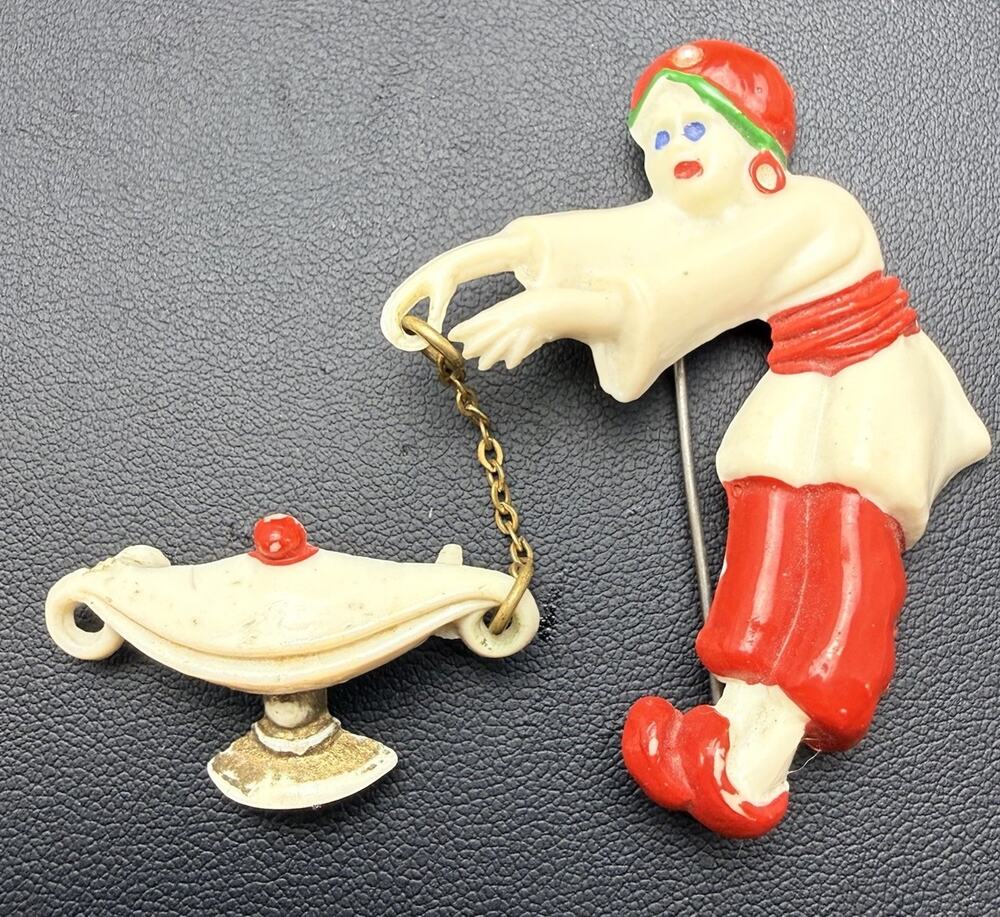 Celluloid Genie Magic Lamp Pin 2 Pc w Chain Vintage - Make a Wish!